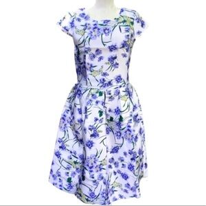 Blue violet floral white 2 pc cap sleeve crop top & full skirt set S M L NWT